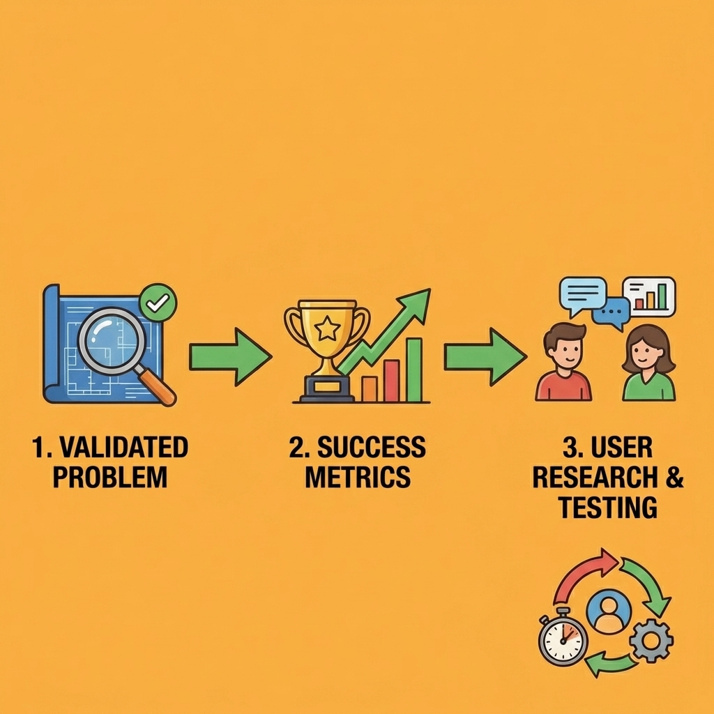 Three-step process flow showing validated problem leading to success metrics leading to user research and testing